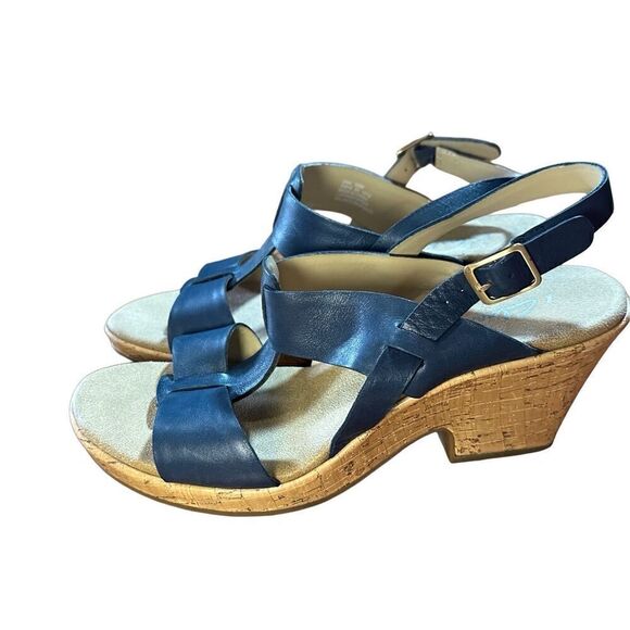 CLARKS Womens Size 10 Blue Cork Wedge Platform Leather Sandals Shoes Comfortable - Picture 1 of 13